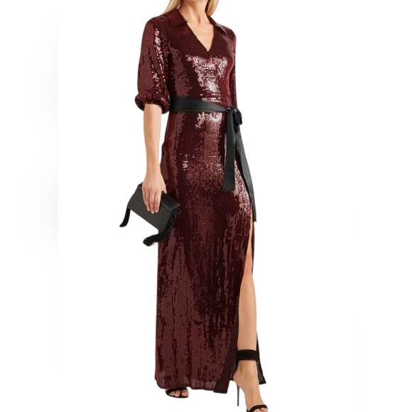 NWT $695 Alice + Olivia Bayley Sequin Collared Wrap Gown Size 6 Bordeaux